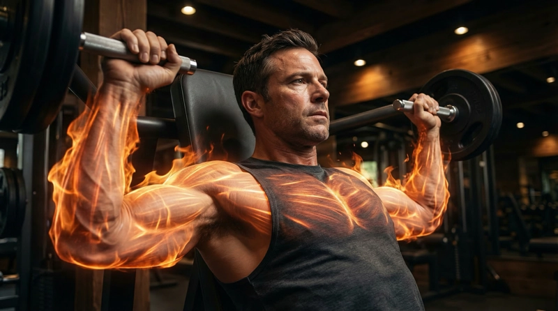 Mann trainiert mit Hantel mit brennenden Muskeln